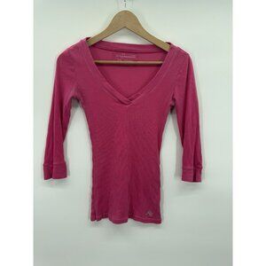 Vintage Y2K Aeropostale Small Pink V-neck 3/4 Sleeve Henley Top Ribbed Tee Retro